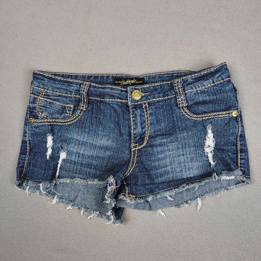Y2K Southpole Denim Mini Shorts Women 7/8 Blue Low Rise Distressed Bootyโ Jorts